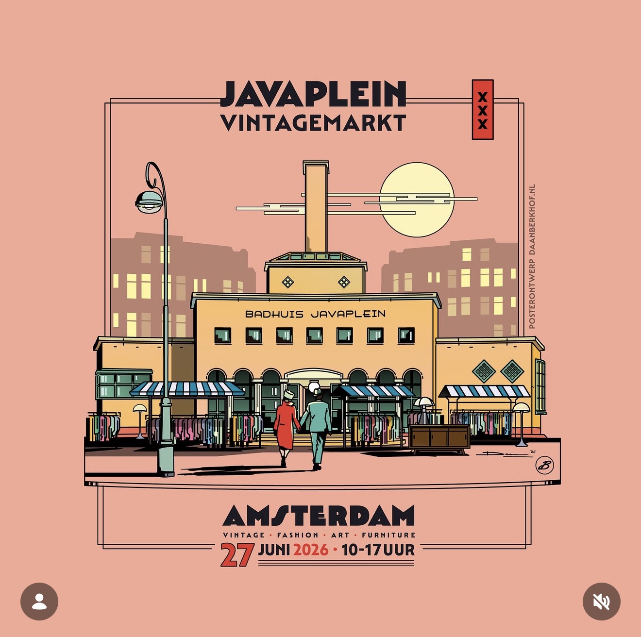 Javaplein Vintage Markt poster met illustratie van het Badhuis Javaplein in Amsterdam